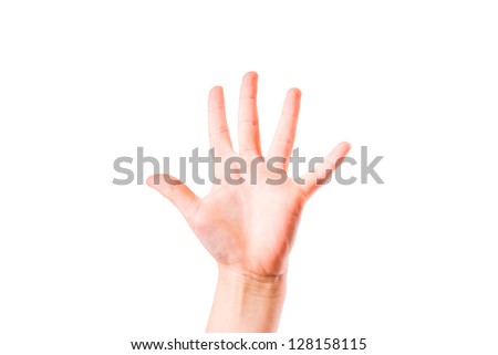 Child's hand showing number five, palm isolated on white