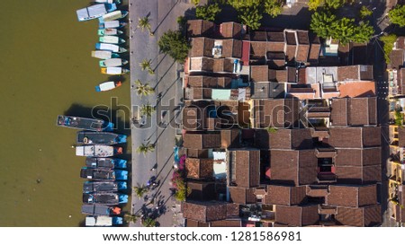 Aerial view panorama of Hoi An old town or Hoian ancient town. Royalty high-quality free stock photo image top view of Hoai river and boat traffic Hoi An. Hoi An is the most popular travel in Asia