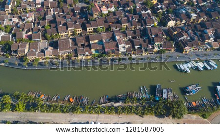 Aerial view panorama of Hoi An old town or Hoian ancient town. Royalty high-quality free stock photo image top view of Hoai river and boat traffic Hoi An. Hoi An is the most popular travel in Asia