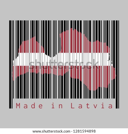 Barcode set the shape to Latvia map outline and the color of Latvia flag on black barcode with grey background, text: Made in Latvia. concept of sale or business.