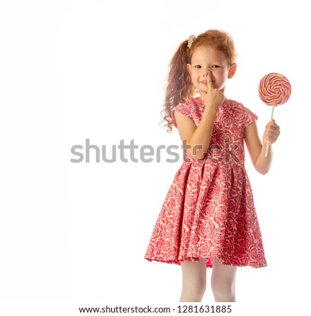 Studio photography, red-haired girl of 4 years old, red dress, good mood, by nationality Tatarochka.