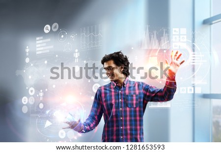 Man using media interface. Mixed media