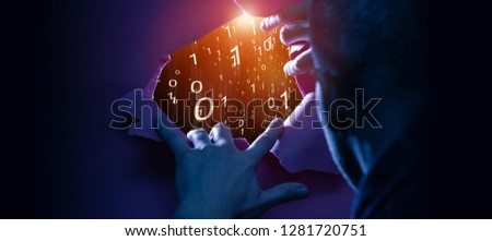 A man peeks into a diary in the wall. Hands pushing wallpaper and looking to the future. Futuristic business and IT presentation green key background.