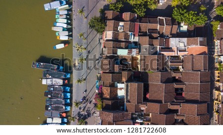Aerial view panorama of Hoi An old town or Hoian ancient town. Royalty high-quality free stock photo image top view of Hoai river and boat traffic Hoi An. Hoi An is the most popular travel in Vietnam