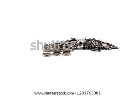 Groups of frame hanging metal plates, hooks, isolated on white background
