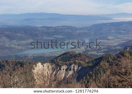 Panoramic view from mountain Golica in Karavanke to Austrian boder, Slovenia 