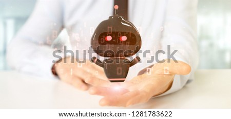 View of Businessman holding Virus chatbot with binary code 3d rendering