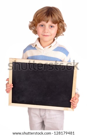 little boy holding a blackboard