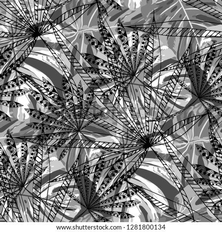 Exotic Plants. Seamless Pattern with Indian Rainforest. Modern Black and White Texture for Paper, Swimwear, Textile. Vector Tropical Pattern.
