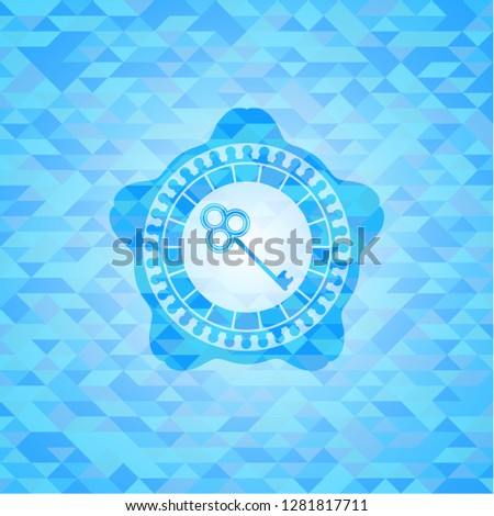 key icon inside light blue emblem with mosaic background