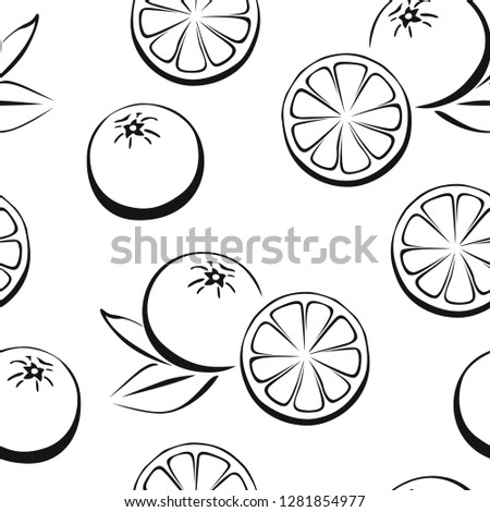 Orange  seamless pattern. Vector black and white background illustration with citrus and leaves.