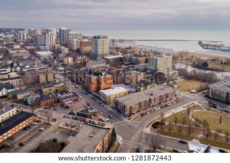 Aerial view of the east side and marina area of Milwaukee WI in winter taken at Ogden Street.