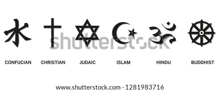 World religion symbols - Christianity, Islam, Hinduism, Confucian, Buddhism and Judaism, with English labeling. Illustration. Eps10 Vector Royalty-Free Stock Photo #1281983716