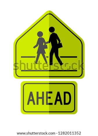 isolated pedestrian school cross walk sign on light green board with the word "AHEAD" paperwork style flat vector design