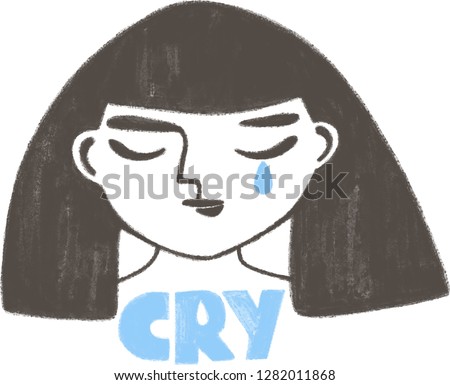 Cute sad teen girl in the scandinavian style. Hand drawn funny girlish print for nursery, poster, t-shirt, card, banner. Adorable teens sketch illustration. Cry text and face.