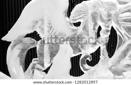 This picture was taken on the street. It is ice sculpture pegasus.  The photo is monochrome.