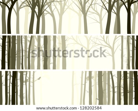 Vector abstract horizontal banner with many tree trunks (coniferous and deciduous forest).