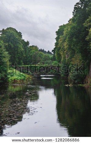 Old stone bridge covered in ivy over quiet calm river in Glenarm, Northern Ireland