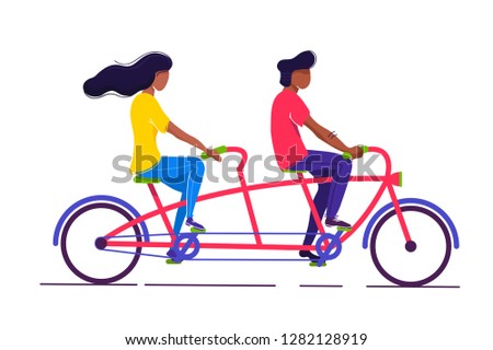 Black girl and men, young student riding a bike. Concept modern flat illustration people on vehicle, teamwork, friends relax. Vector illustration. Bike sharing