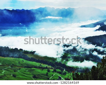 Low clouds and fog in the valleys Rhein and Simmitobel - Canton of St. Gallen, Switzerland