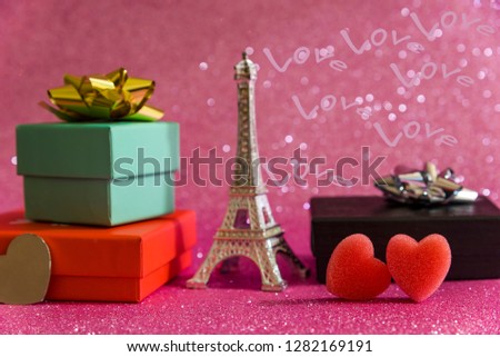 Valentine's day romantic background with beautiful bouquet of roses on wooden table Valentine's day love Paris.