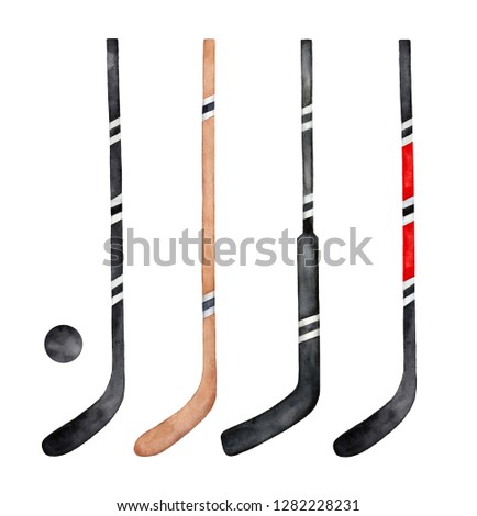 Collection of different hockey sticks, decorated with colorful stripes and sporty lines. Hand painted watercolour sketchy drawing on white backdrop, cutout clip art elements for design. Overhead view.