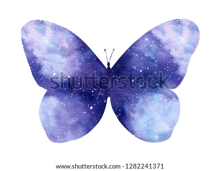  Watercolor galaxy butterfly isolated on the white background. Hand painted watercolor illustration perfect for romantic post cards.