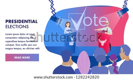 Vector Group Voter Watching Debates Candidate. Banner Illustration Presidential Elections. Performances Women and Men in Front Group People. Fight for Vote in Election. Tribune with Image an Animal