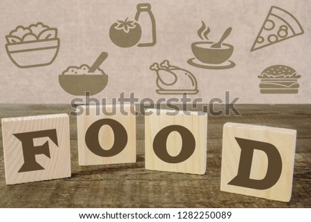 wooden cubes with food and the word food