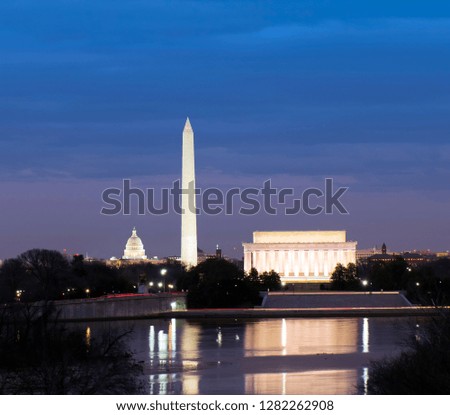 Washington DC skyline including Lincoln Memorial, Washington Monument, and The United States Capitol building