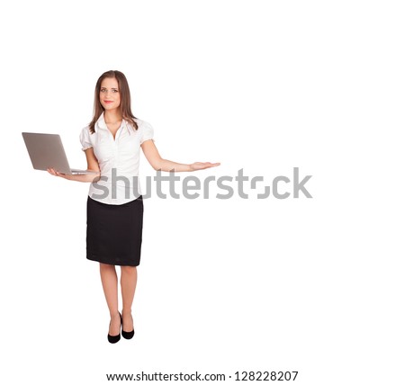 young woman presenting white copy space isolated on white