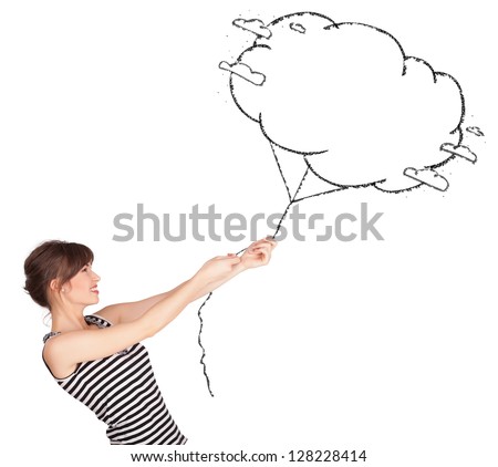 Pretty young lady holding cloud balloon drawing