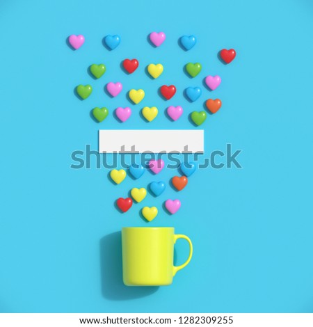 Colorful hearts shape with yellow mug on blue background for copy space. minimal valentine concept idea.