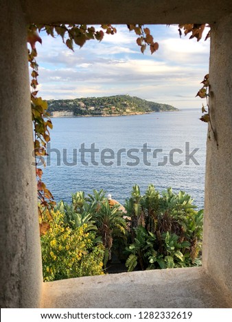 View of the Mediterranean Sea through a window in Villefranche fort, Côte d’Azur, France.