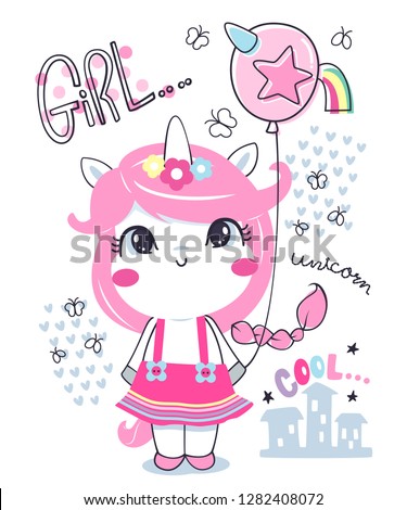 Cute unicorn girl cartoon wearing in pink dress holding a funny balloon isolated on white background illustration vector, T-shirt design for kids.