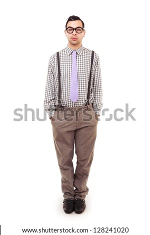 Funny portrait of young nerd with eyeglasses isolated on white background. Full body.