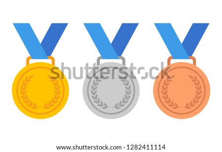 Gold, silver and bronze medals with blue ribbon flat vector icons for sports apps and websites Royalty-Free Stock Photo #1282411114