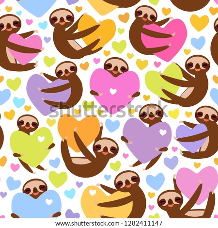 Seamless pattern Three-toed sloth holding red pink, yellow, lilac, orange, blue heart, isolated on white background. Valentine's Day Card banner template. Funny Kawaii animal. Vector
