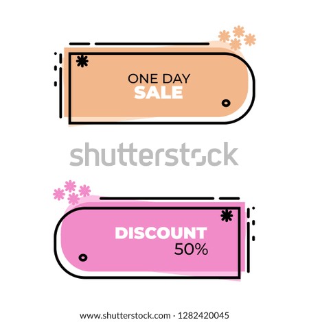 Set of flat modern banner, price tag, sticker, badge, poster, promotion ribbon, scroll in memphis design style. Modern abstract template vector illustration.