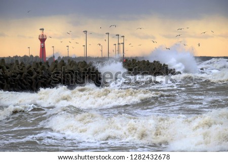 Storm at sea, Baltic coast, Kołobrzeg, Poland.