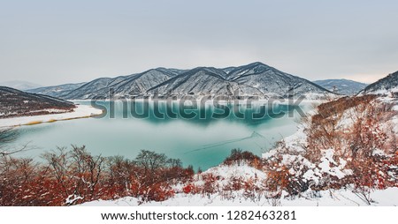 Zhinvali Dam scenic panoramic winter view, Georgia. Europe