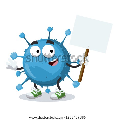 cartoon joyful blue virus cell mascot with tablet in hand on white background