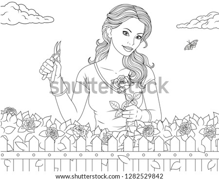 Vector illustration coloring page, beautiful girl is caring for roses in the garden