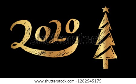 Gold Year 2020 Typography and Christmas Tree. Vector Illustration for Graphic Design, Template, Layout, Decoration and More.