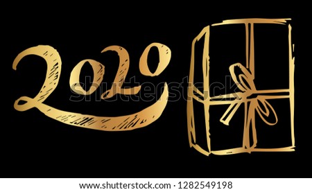 Gold Year 2020 Typography and Gift. Vector Illustration for Graphic Design, Template, Layout, Decoration and More.