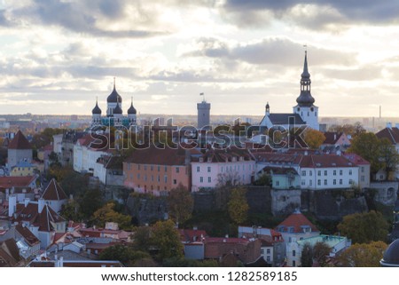 Toompea hill with tower Pikk Hermann, Cathedral Church of Saint Mary Toomkirik and Russian Orthodox Alexander Nevsky Cathedral, view from the tower of St. Olaf church, Tallinn, Estonia