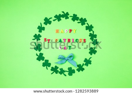 Text happy St. PAtrick's Day and green clover ornament. Patric's postcard design. Banner