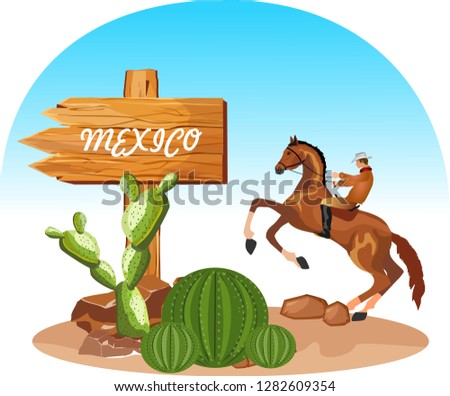 Wooden pointer, cactus, stones and cowboy on horse in desert Vector