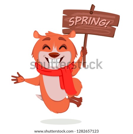 Happy Groundhog day. Funny marmot holding wooden plate. Vector illustration on white background
