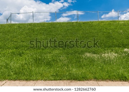 Looking up at bright green Spring grass, a fence and blue sky.